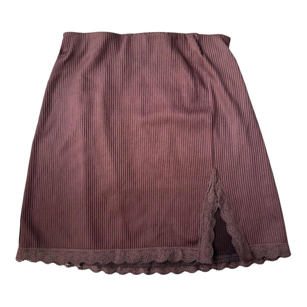 H&M XS Ribbed Lace Slip Skirt Chocolate Brown Front Slit Y2K Aesthetic Mini